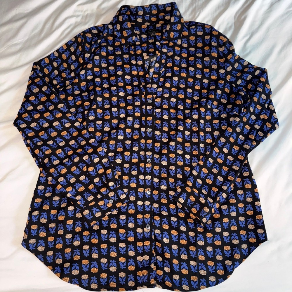 Ann Taylor Womens Large Floral Button Down Blouse Black Blue Orange Long Sleeve